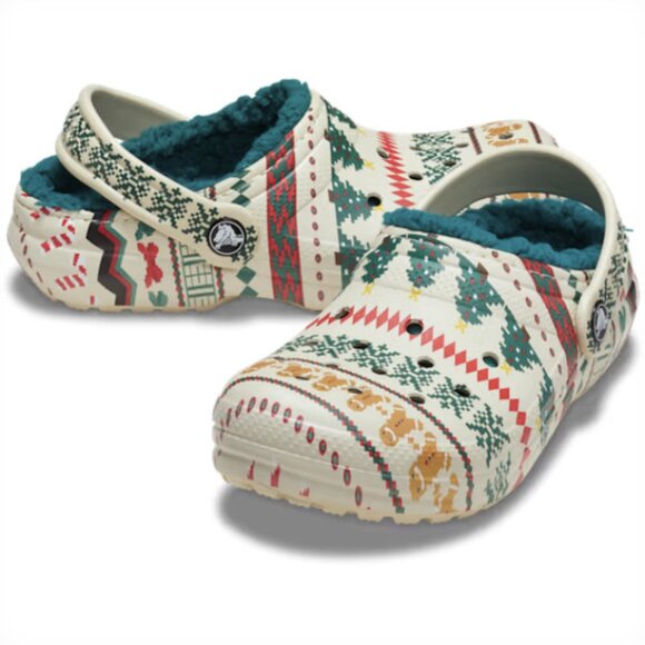 NEW Crocs Kids' Sizes C11-J6 Classic Lined Fair Isle Clog - Bone/Multi - Picture 2 of 6